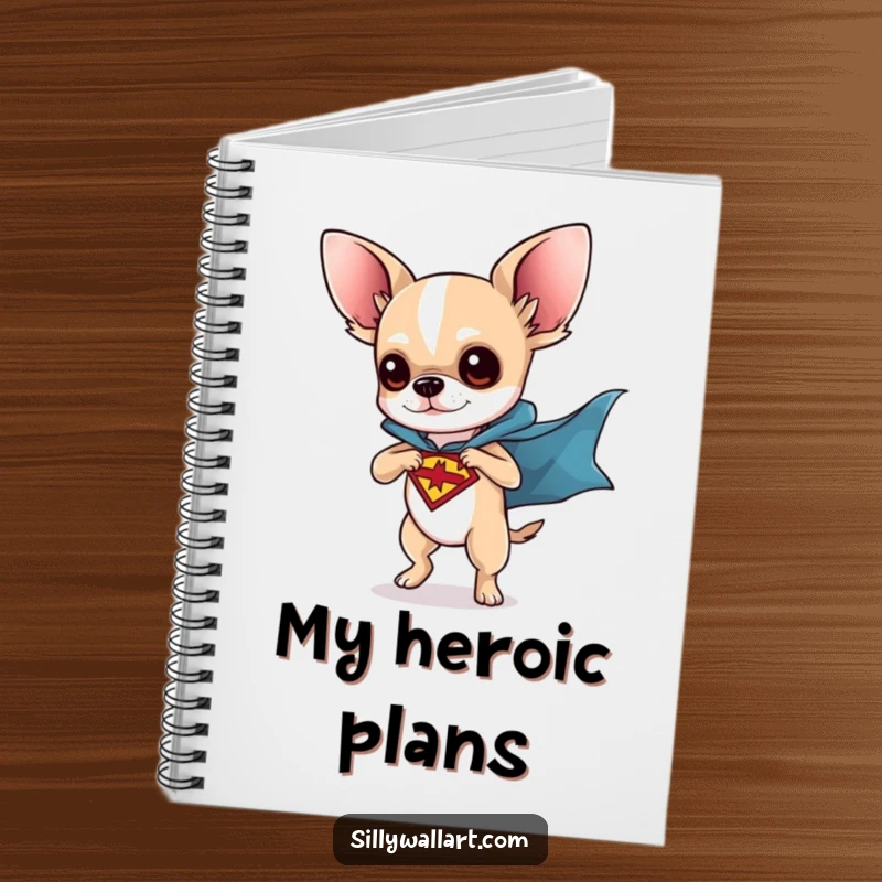 Funny notebook featuring a chihuahua superhero striking a dynamic pose. Perfect for planning, journaling, and dog-themed notes.