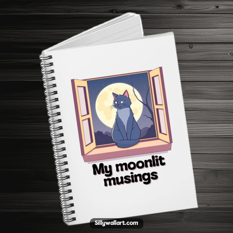 Funny cat silhouetted on a window sill against a moon on a notebook, perfect for capturing nighttime thoughts.