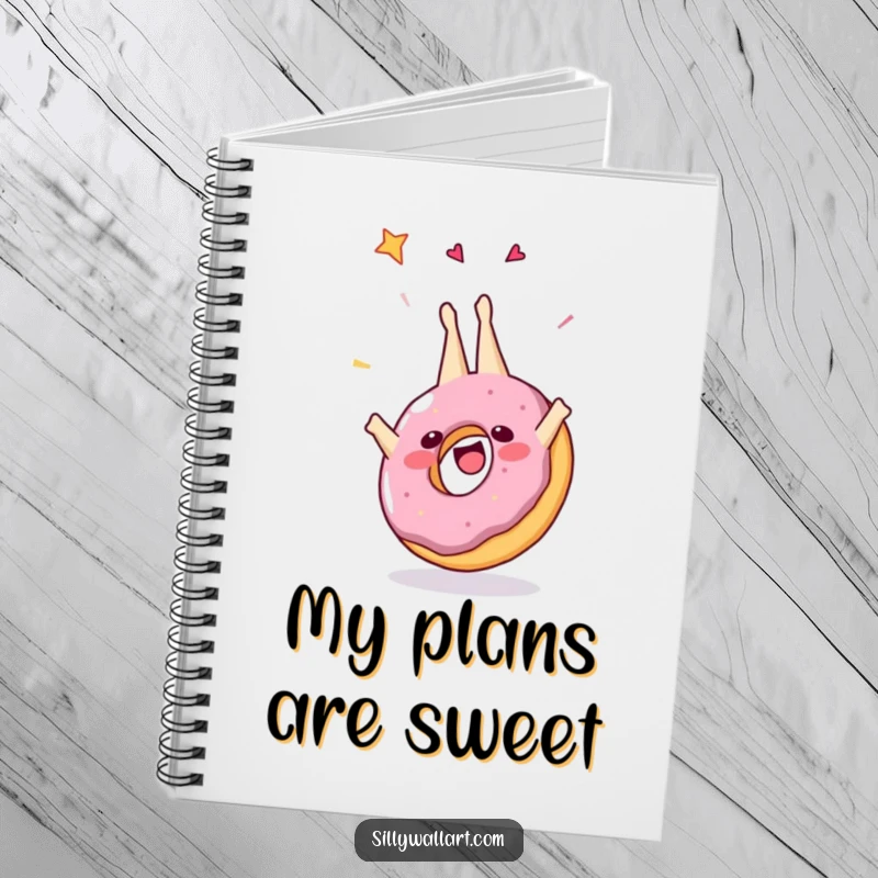 Funny notebook featuring a joyful donut performing a celebratory somersault, perfect for jotting down notes with a delightful, sugary twist.
