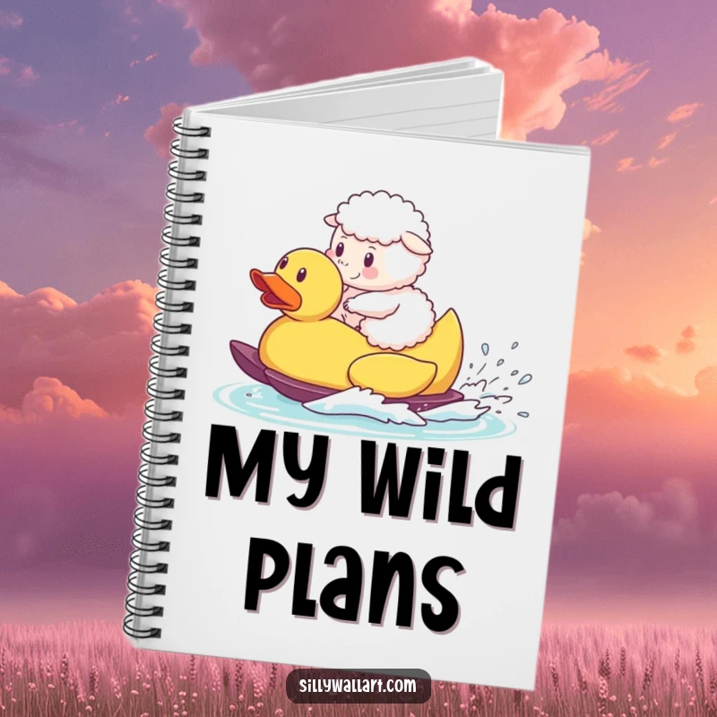 Funny notebook, a fluffy sheep waterskiing on a giant rubber duck, perfect for jotting down humorous thoughts.