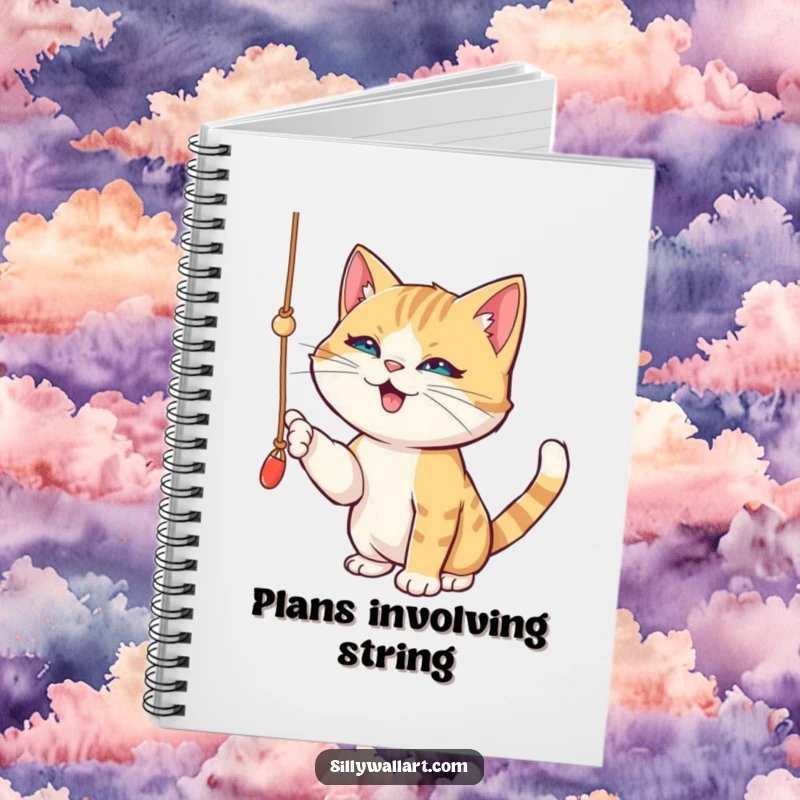 Funny notebook cover showing a playful cat batting intently at a dangling string, a mischievous glint in its eyes, ready for ideas.