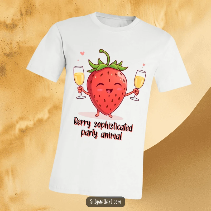Funny T-shirt featuring a gleeful strawberry juggling miniature champagne glasses, embodying a spirit of pure, unadulterated, fruity celebration and mirth.