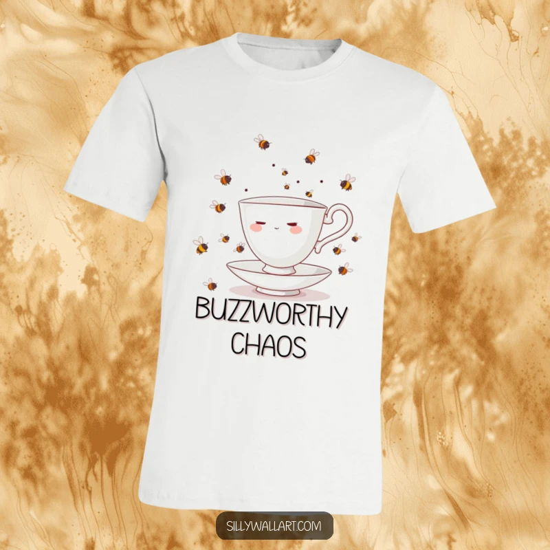 Funny teacup character in distress, juggling a swarm of buzzing bees, printed on a humorous t-shirt.