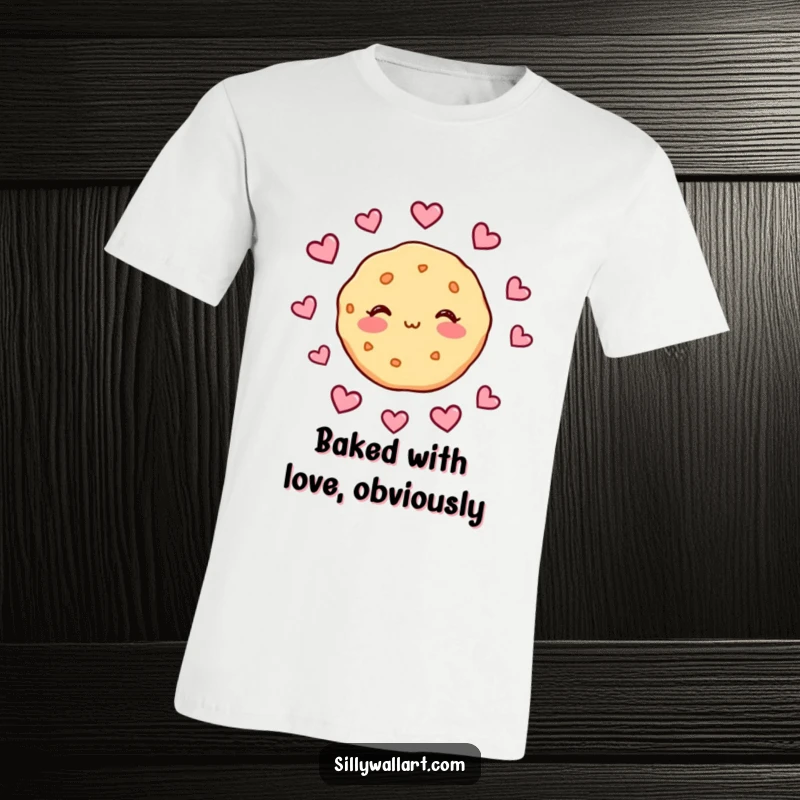 Funny t-shirt depicting a shy cookie blushing deeply with hearts encircling it, a charming symbol of deep love and affection.