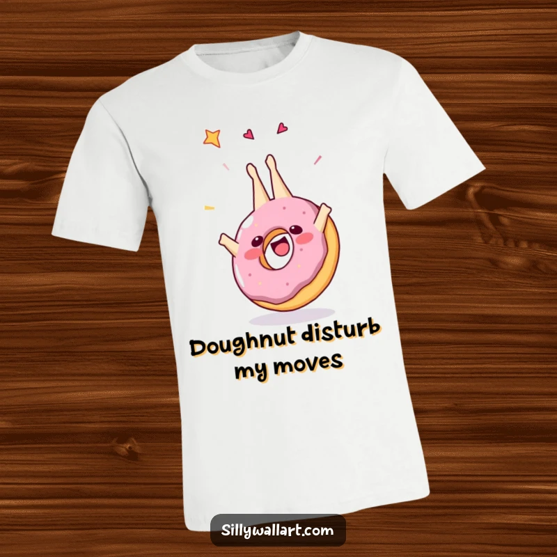 Funny t-shirt depicting a happy donut doing a dynamic somersault, covered in colorful sprinkles, celebrating with delicious energy.