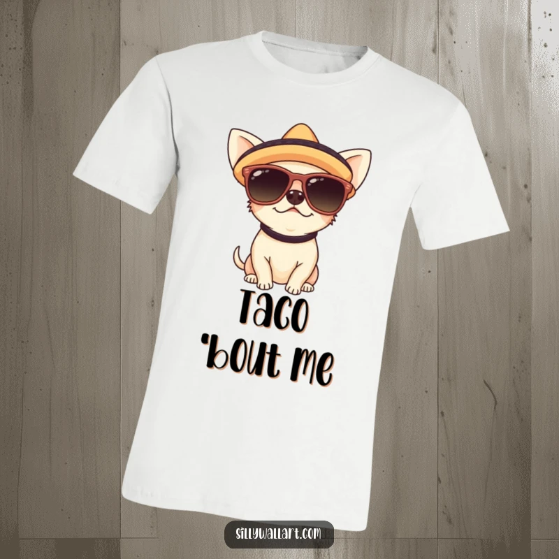 Funny t-shirt featuring a cute chihuahua wearing oversized sunglasses and a tiny sombrero, looking incredibly cool and ready for a fiesta.