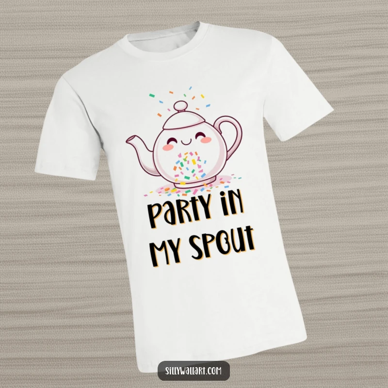 Funny t-shirt showcasing a cheerful teapot in the act of pouring a delightful stream of colorful confetti, perfect for parties.