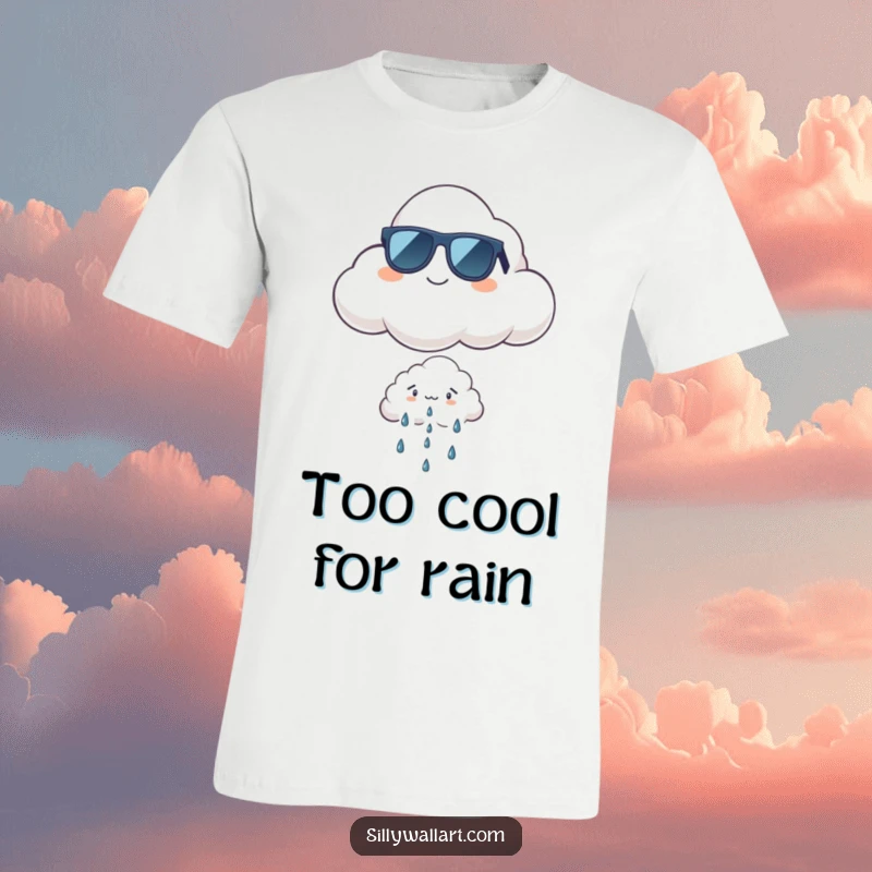Funny cool cloud t-shirt featuring a proud cloud in sunglasses floating above a tiny, worried rain cloud, celebrating chill vibes.