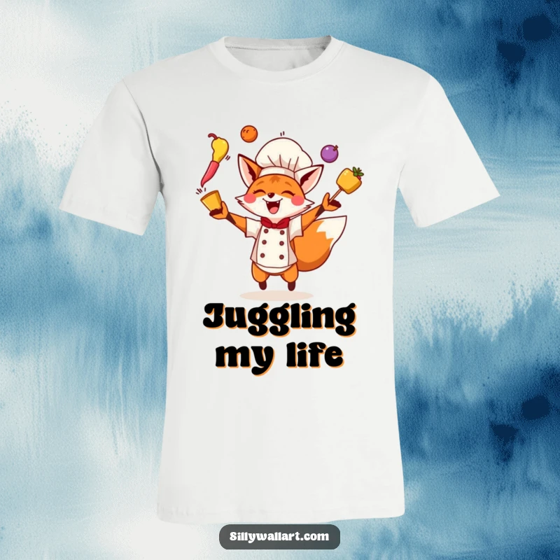 Funny Fox Chef T-Shirt depicting an energetic fox chef skillfully juggling three colorful ingredients with excitement.