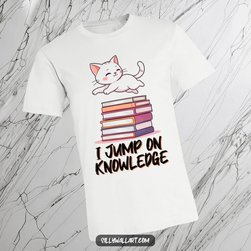 Funny t-shirt depicting a sleek cat mid-leap, gracefully soaring over a stack of books with effortless elegance.