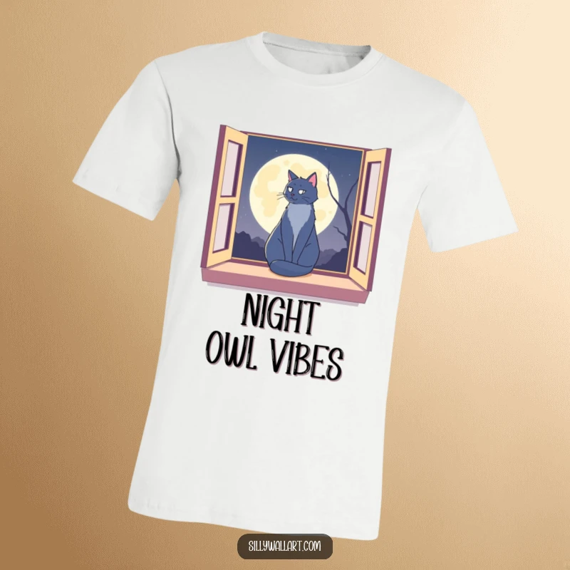 Funny cat silhouette on a window sill against a moon on a t-shirt, representing peaceful nocturnal contemplation.