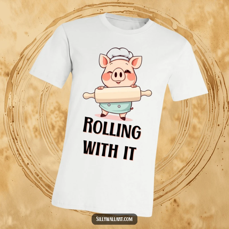 Funny Pig Chef T-Shirt with a cheerful pig chef holding a massive rolling pin and giving a playful wink.