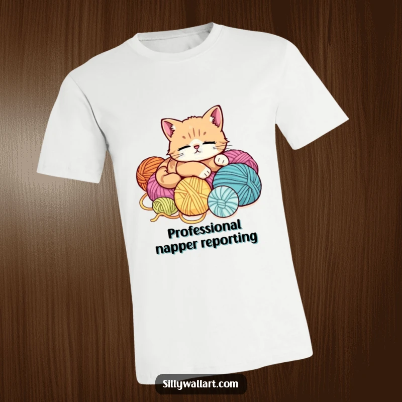 Funny t-shirt showcasing a super relaxed cute cat sprawled comfortably atop a mountain of colorful yarn balls, radiating pure bliss.