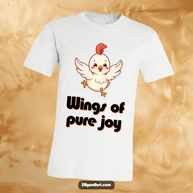 Funny t-shirt of a delighted rubber chicken with tiny wings humorously attempting to take flight, a feathered failure.
