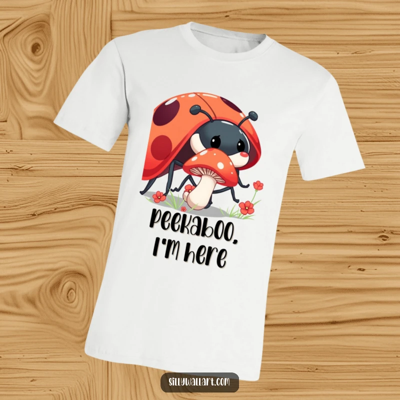 Funny shy mushroom t-shirt featuring a mushroom peeking from behind a giant, laughing ladybug, celebrating woodland friendships.