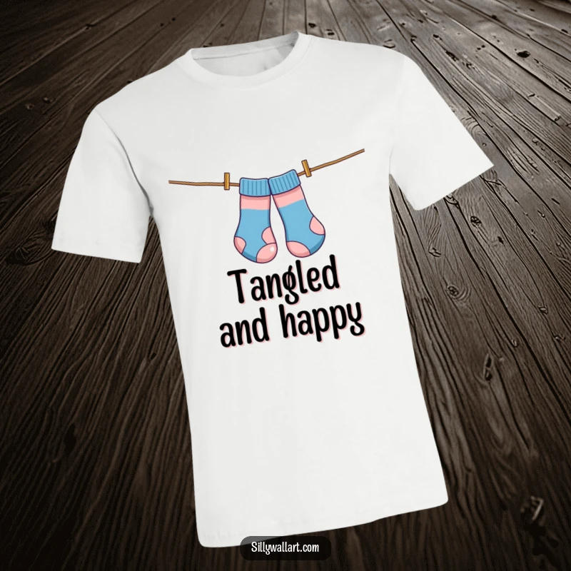 Funny t-shirt, socks comically tangled on a clothesline, looking like kites caught in a playful breeze.