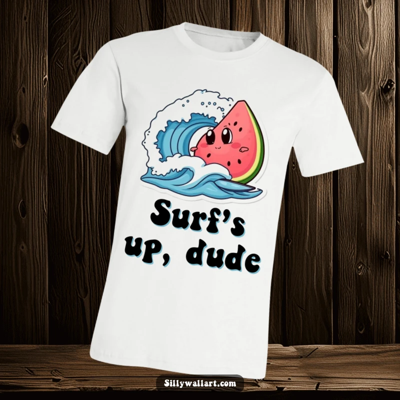 Funny watermelon slice with googly eyes, depicted surfing a wave, on a t-shirt for ultimate summer humor.