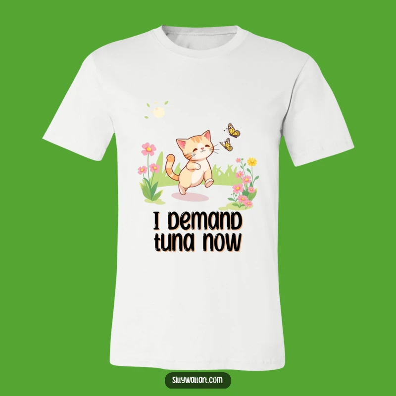 Funny Cat Butterfly Garden T-Shirt: Comical Pet Apparel for Laugh-Out-Loud Fun
