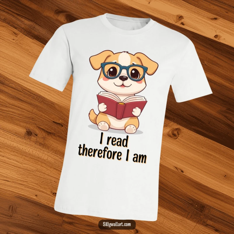 Funny t-shirt showcasing a studious dog in reading glasses, triumphantly holding up an open book, perfect for literary enthusiasts and dog admirers.