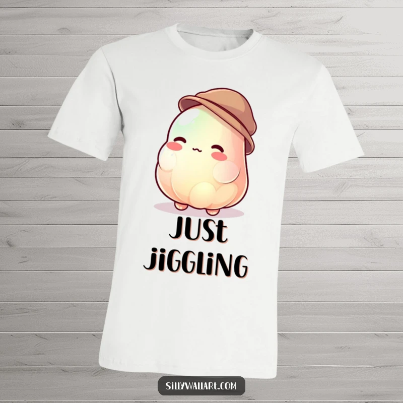 Funny jelly blob t-shirt featuring a jiggly character uncontrollably wobbling while trying to wear a tiny hat, ideal for silliness.