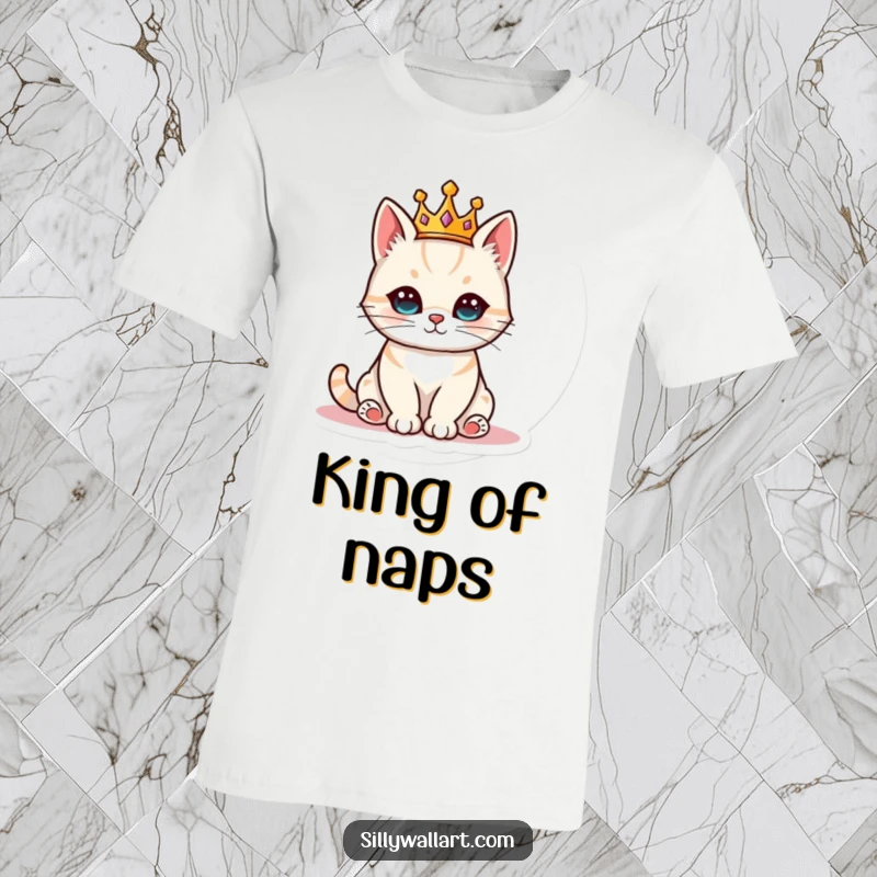 Funny cat wearing a small crown, sitting like royalty on a t-shirt, ideal for proud pet owners.