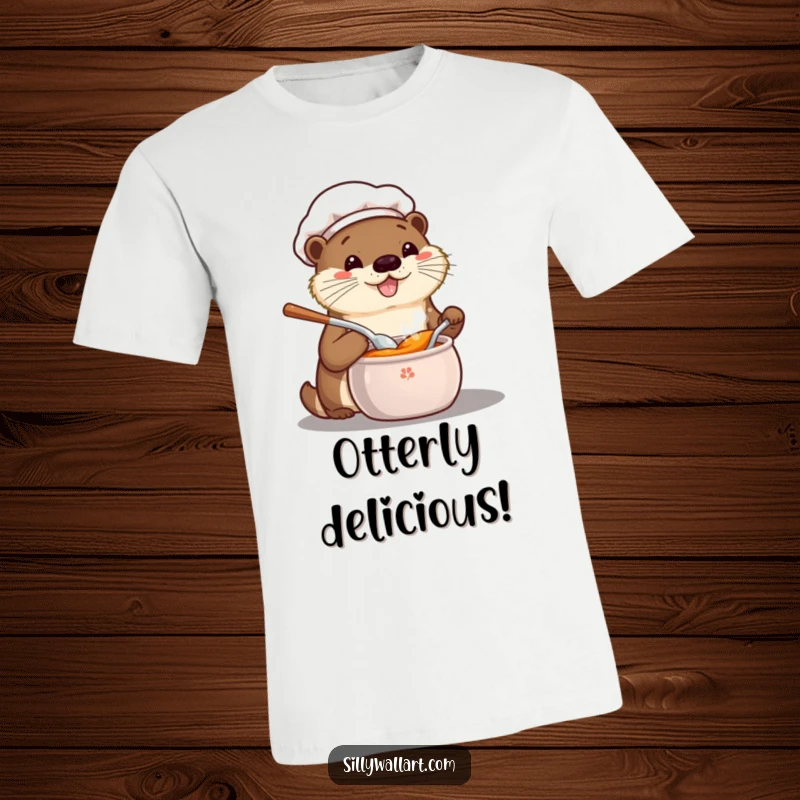 Funny T-shirt featuring a happy kawaii otter chef joyfully sampling from a bubbling pot, radiating enthusiasm and culinary bliss.