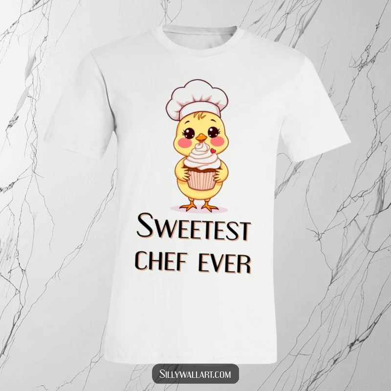 Funny Chick Chef T-Shirt showcasing a sweet chick chef proudly displaying a perfectly decorated cupcake with flair.