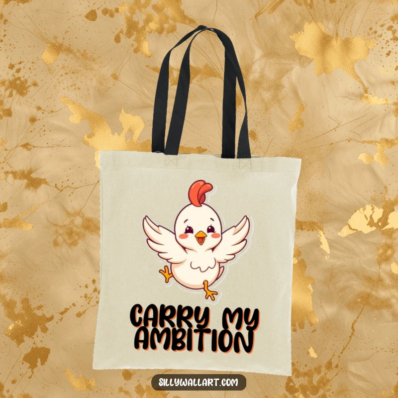 Funny tote bag with a delighted rubber chicken with tiny wings humorously attempting flight, perfect for humorous errands.