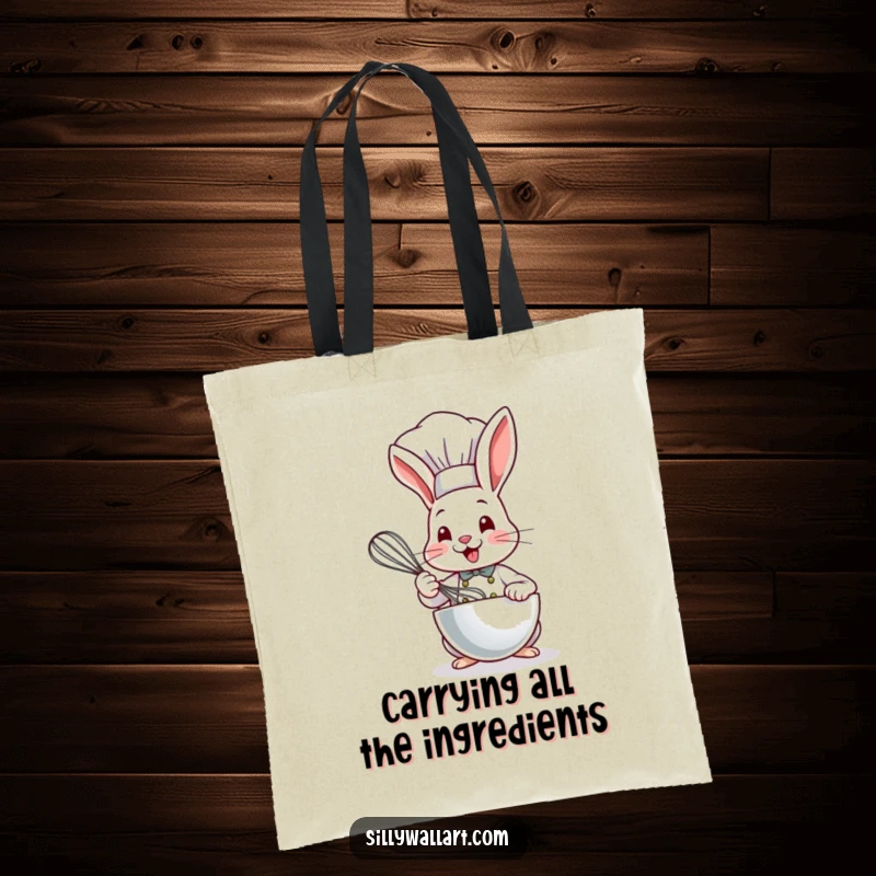 Funny Bunny Chef Tote Bag with a happy bunny chef in a tall hat, whisking a bowl energetically.