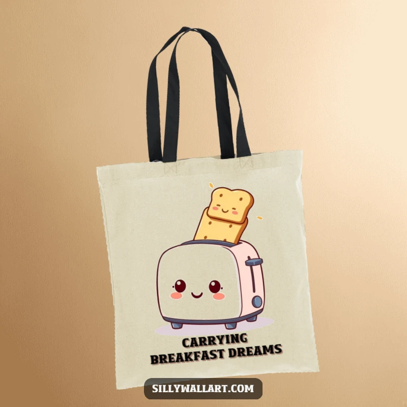 Funny tote bag, a smiling toaster launching toast, perfect for carrying groceries with breakfast humor.
