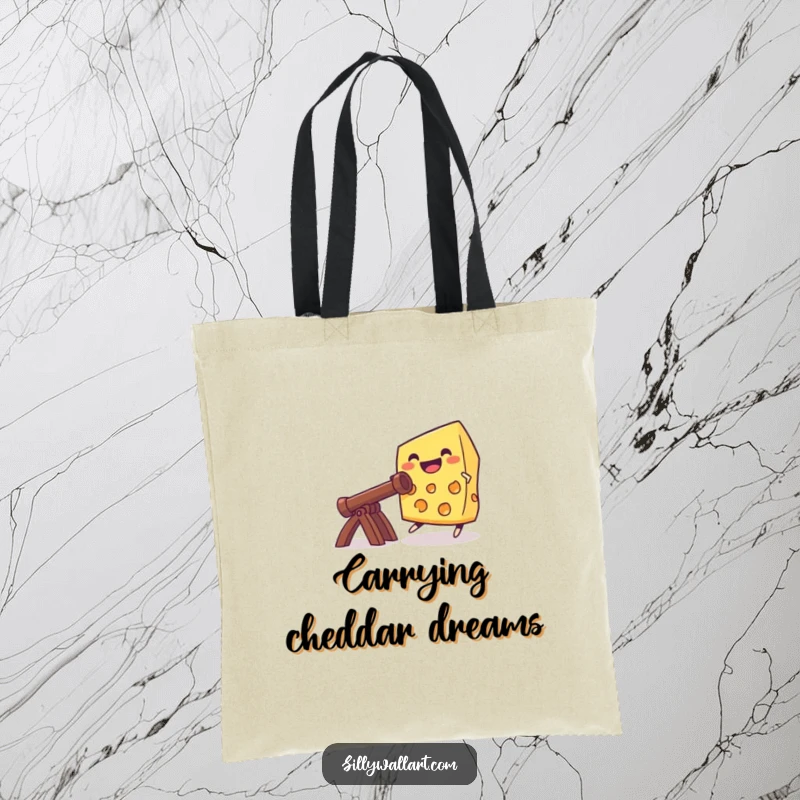 Funny grinning cheese launching from a catapult, designed for a tote bag, perfect for carrying items with a cheesy flair.