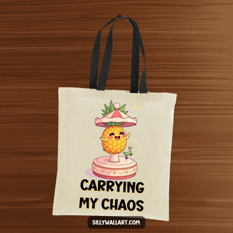 Funny Tote Bag featuring a dizzy pineapple spinning wildly on a carousel, great for beach or market.
