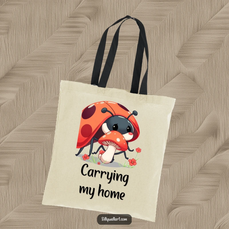 Funny shy mushroom tote bag with a mushroom peeking from behind a giant, laughing ladybug, ideal for nature lovers.