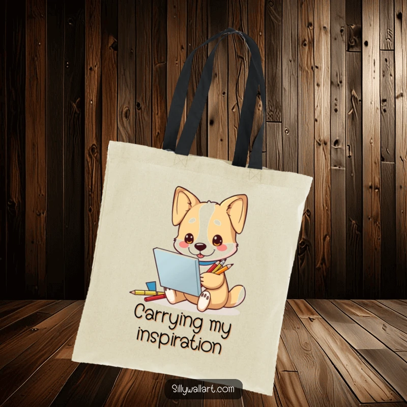 Funny Tote Bag: A cheerful dog character with a sketchbook and pencils, looking inspired and ready to draw.