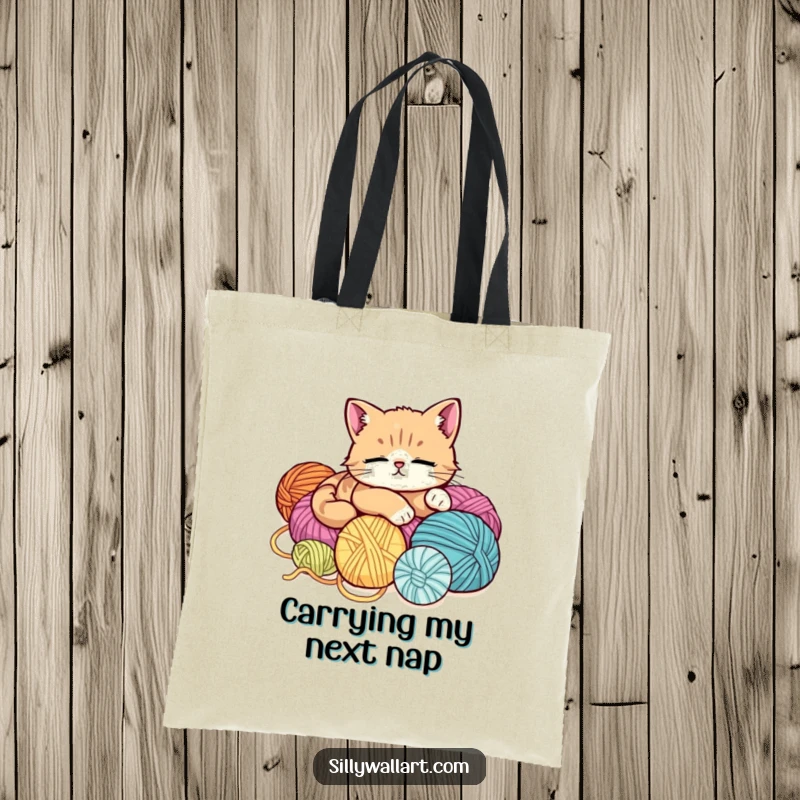 Funny tote bag with a cute, extremely relaxed cat napping on a colorful heap of yarn balls, ready for shopping adventures.