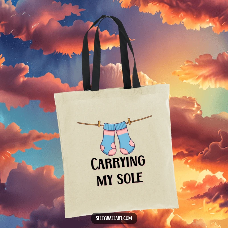 Funny tote bag, socks comically tangled on a clothesline like kites, perfect for carrying laundry or everyday items.