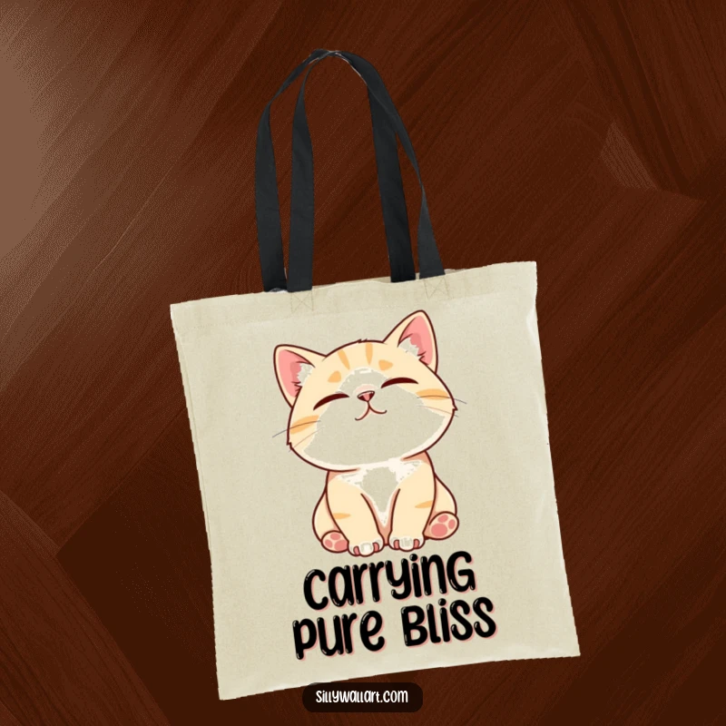 Funny tote bag showcasing a contented cat purring loudly while being stroked, its face a picture of pure, blissful joy.