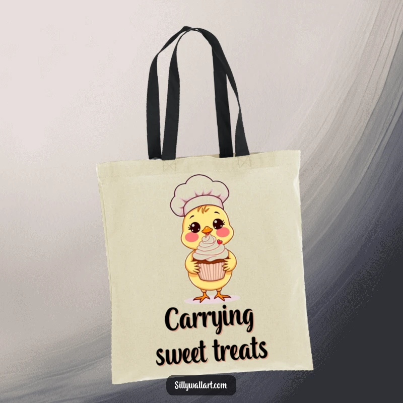 Funny Chick Chef Tote Bag with a sweet chick chef proudly presenting a perfectly decorated cupcake with a flourish.