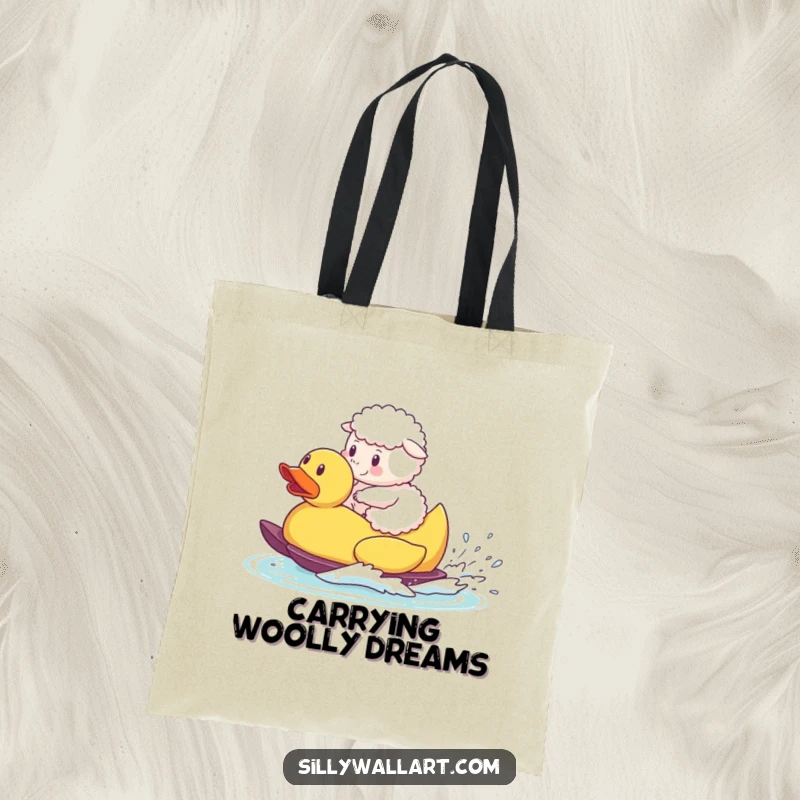 Funny tote bag, a fluffy sheep waterskiing on a giant rubber duck, perfect for carrying essentials with humor.
