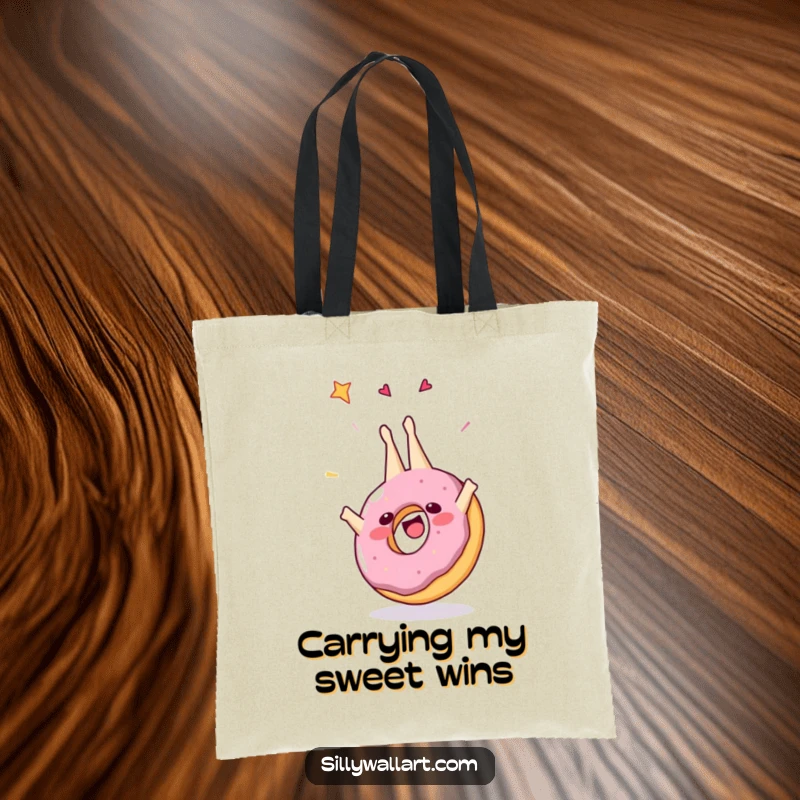 Funny tote bag featuring a delightful donut performing a celebratory somersault, ideal for carrying groceries or daily items with a humorous, sugary twist.