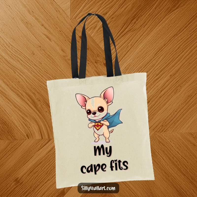 Funny tote bag with a chihuahua dressed as a superhero, striking a dynamic pose. Functional and fun for dog parents.