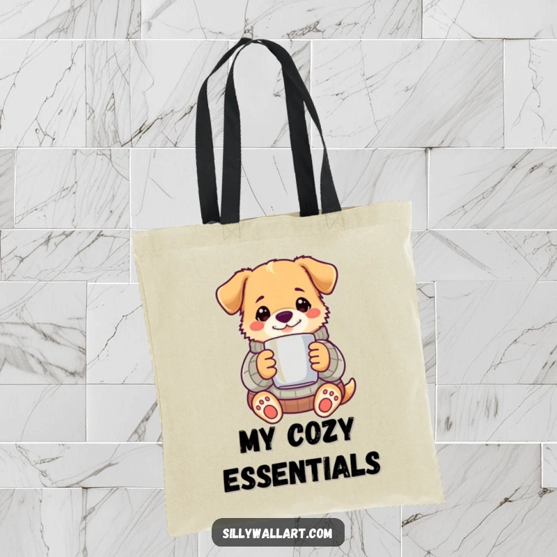 Funny dog in a cozy sweater holding a steaming mug, on a durable tote bag.