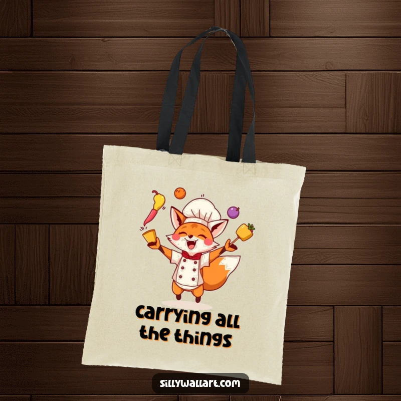 Funny Fox Chef Tote Bag showing an energetic fox chef juggling colorful ingredients, symbolizing a busy culinary life.