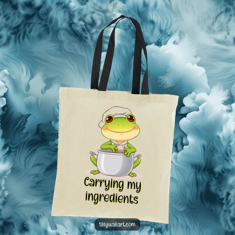 Funny tote bag with a joyful frog chef cheerfully stirring a pot with a mischievous glint, ideal for carrying items with culinary fun.