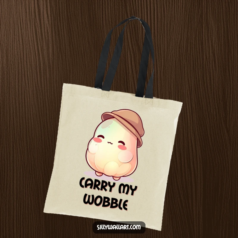 Funny jelly blob tote bag featuring a jiggly character uncontrollably wobbling while trying to wear a tiny hat, a humorous accessory.