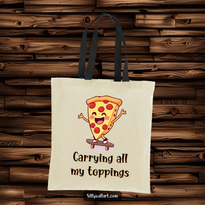 Funny pizza slice executing a cartwheel on a skateboard, designed for a tote bag, symbolizing active, cheerful transport.