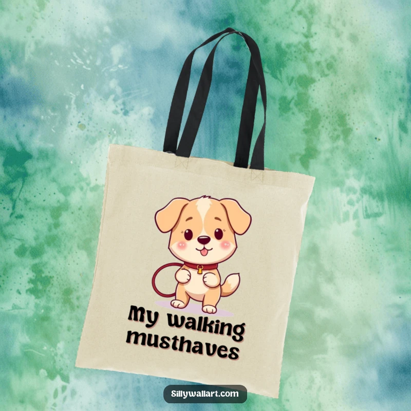 Funny dog with a wagging tail, holding a leash, ready for an adventure, on a durable tote bag.