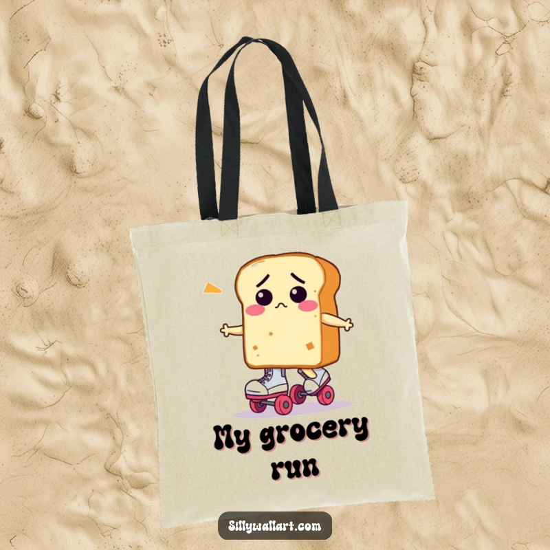 Funny loaf of bread character, looking confused on roller skates, on a practical tote bag for humorous carrying.