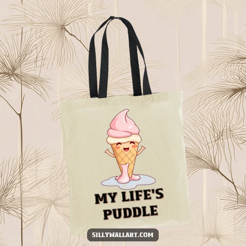 Funny ice cream tote bag with a giggling melting cone forming a puddle and shrugging, ideal for summer outings.